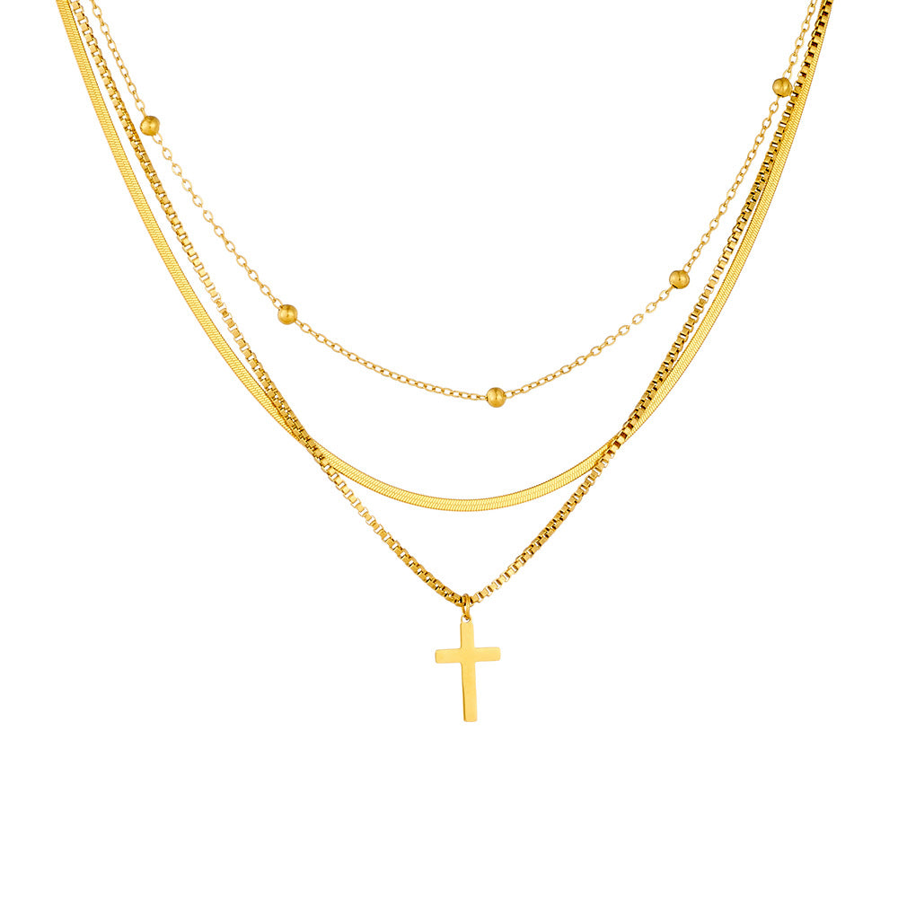 Fashion Gold Plated Cross Stainless Steel Pendant Multi-layer Cable Chain Necklace for Women