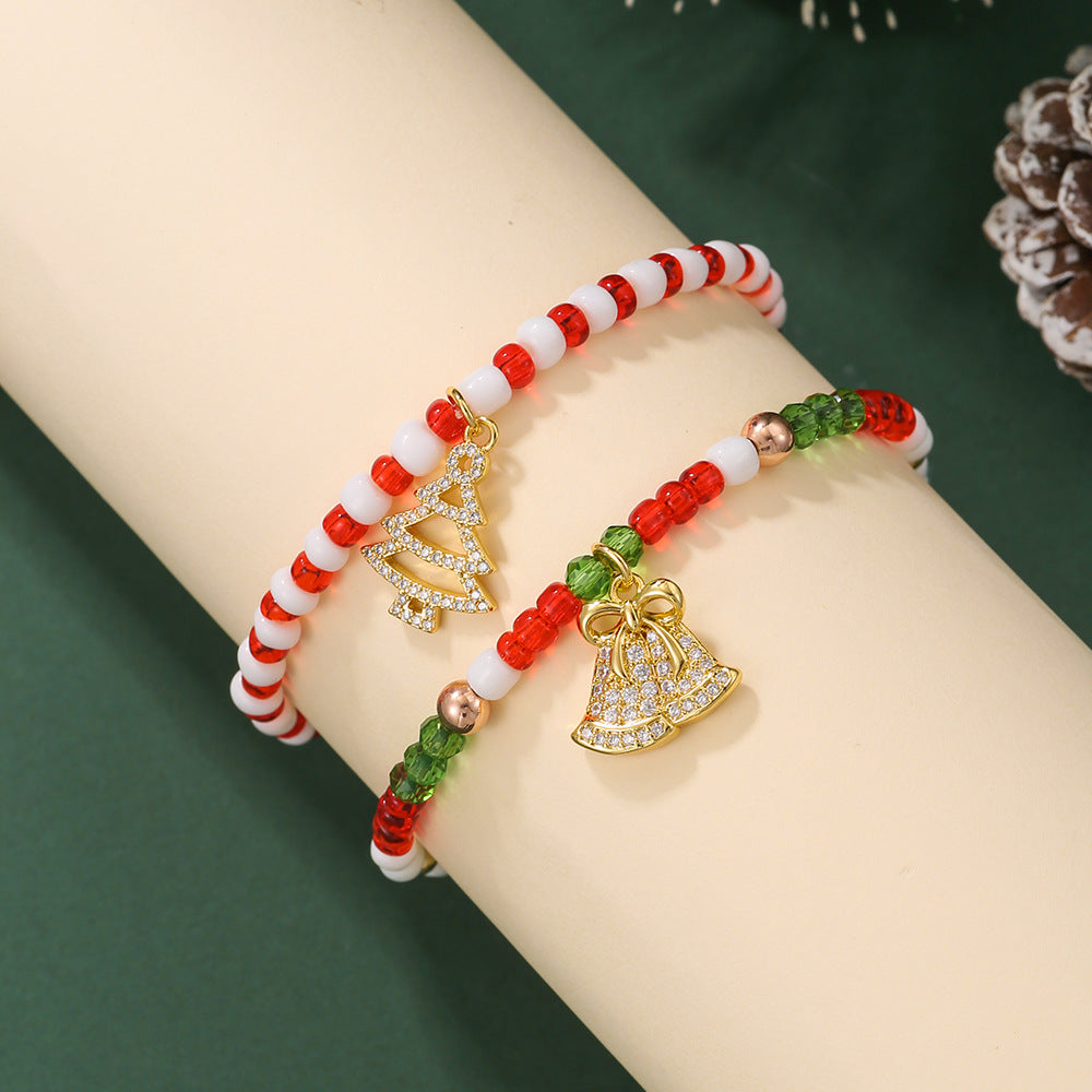 Handmade Geometric Christmas Tree Bell Pendant Brass Cubic Zirconia Seed Bead Elastic Bracelet