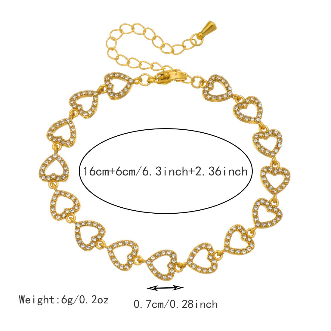 Elegant Gold Plated Stainless Steel Heart Rhinestone Bracelet