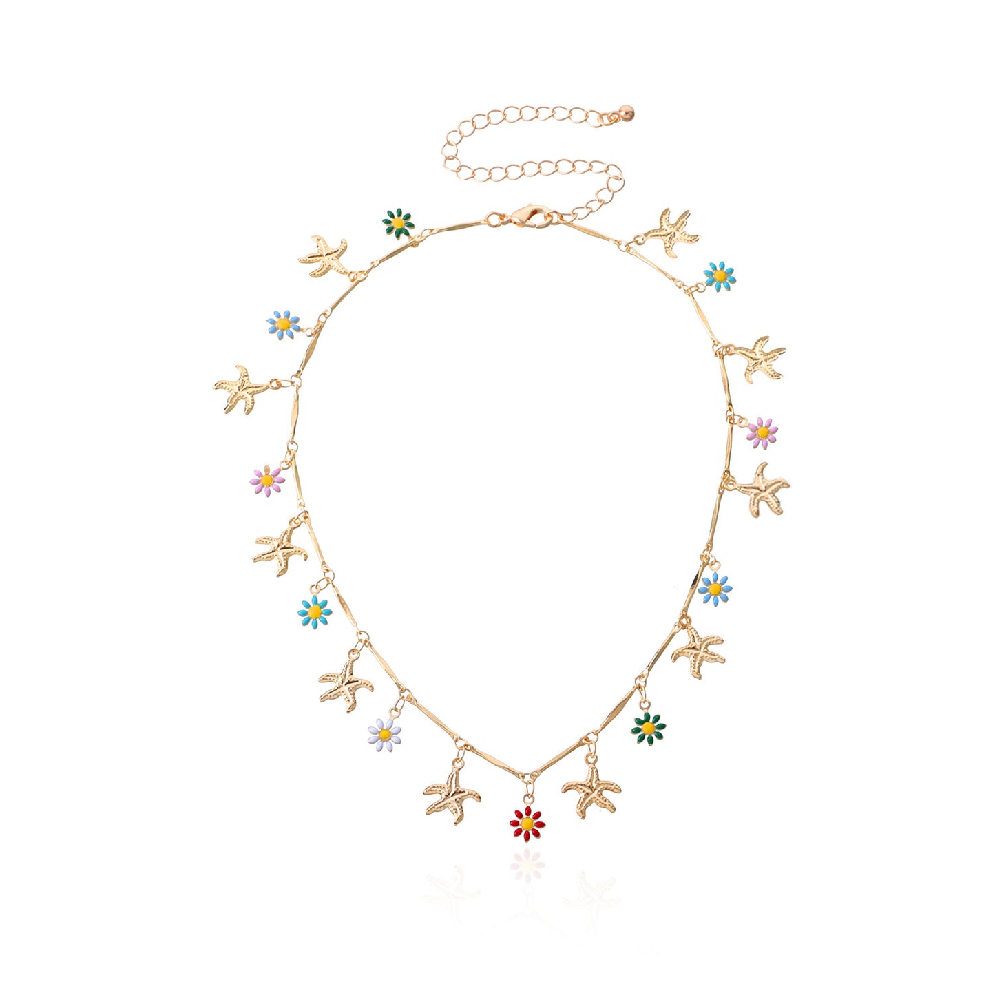 Hawaiian Style Floral Necklace with Starfish and Daisy Pendant in Alloy with Plated Finish on Straight Tube Chain