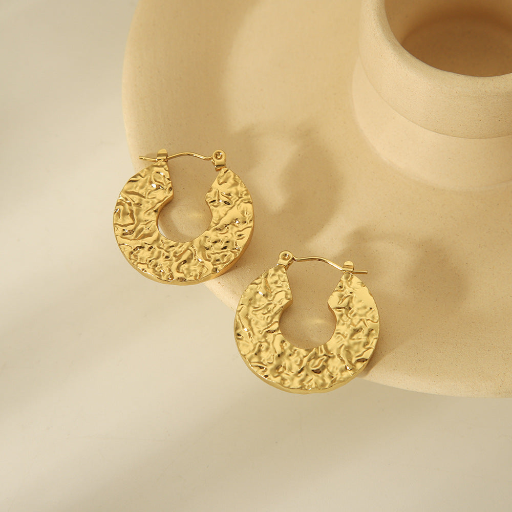 INS Style Geometric Hammered Stainless Steel Earrings for Women with Gold Plating Hypoallergenic Finish