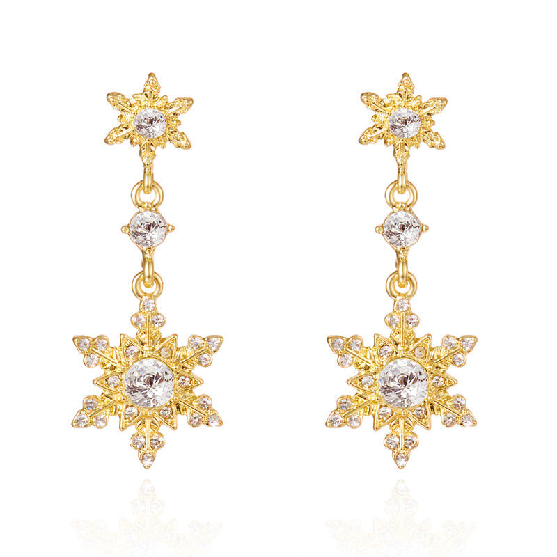 Pendientes Colgantes Copo de Nieve Estilo Cuento de Hadas con Detalles de Zirconia, Diseño Colgante, Base de Aleación de Zinc Galvanizada, Postes de Cerámica, Estética Fresca y Dulce