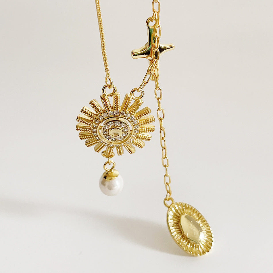 Sweet Geometric Sun Goddess Asymmetric 925 Sterling Silver Plated Necklace with Ball Chain
