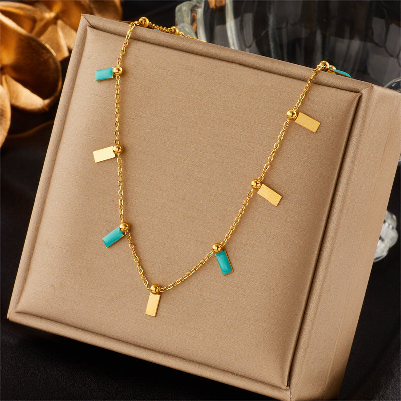 Minimalist Retro Star and Moon Pendant Necklace in Titanium Steel with Electroplated Finish and Turquoise Inlay
