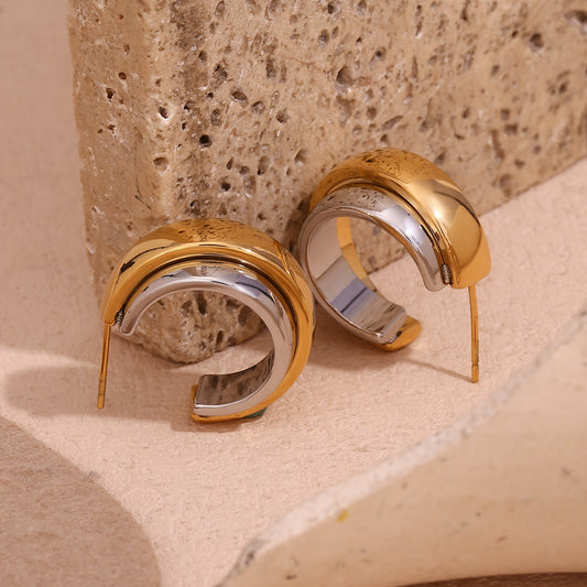 Orecchini a Cerchio a C a Doppio Strato Geometrici Minimalisti in Acciaio Inossidabile Placcati Oro 18K da Donna