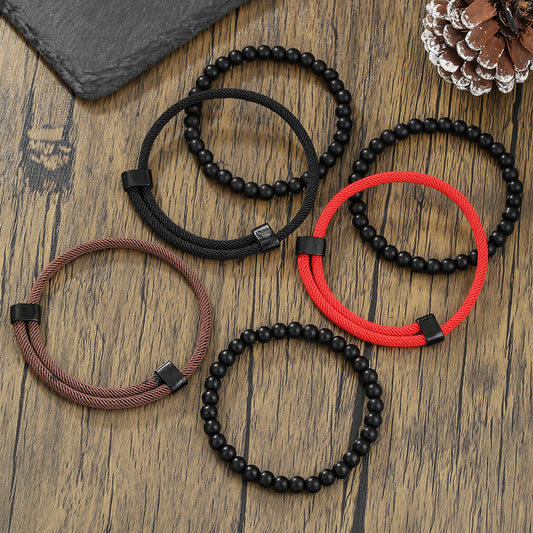 Vintage Geometric Round Hematite Bead Adjustable Cord Bracelet