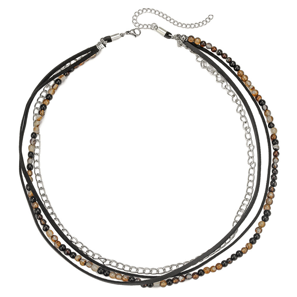 Personalized Geometric Black Agate Leather Spliced Chain Necklace for Men