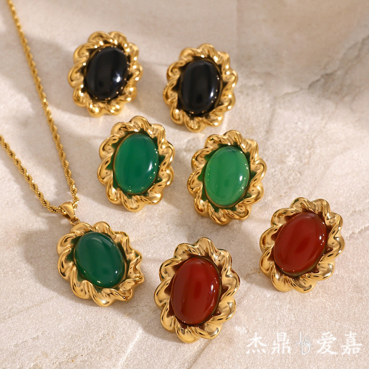 Vintage Geometric Round Stainless Steel Plated Agate Inlay Rope Chain Earrings