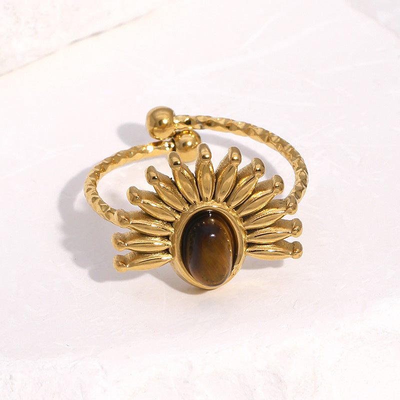 Anello minimalista da donna in acciaio inossidabile placcato oro 18 carati a forma di fiore con intarsio in pietra naturale