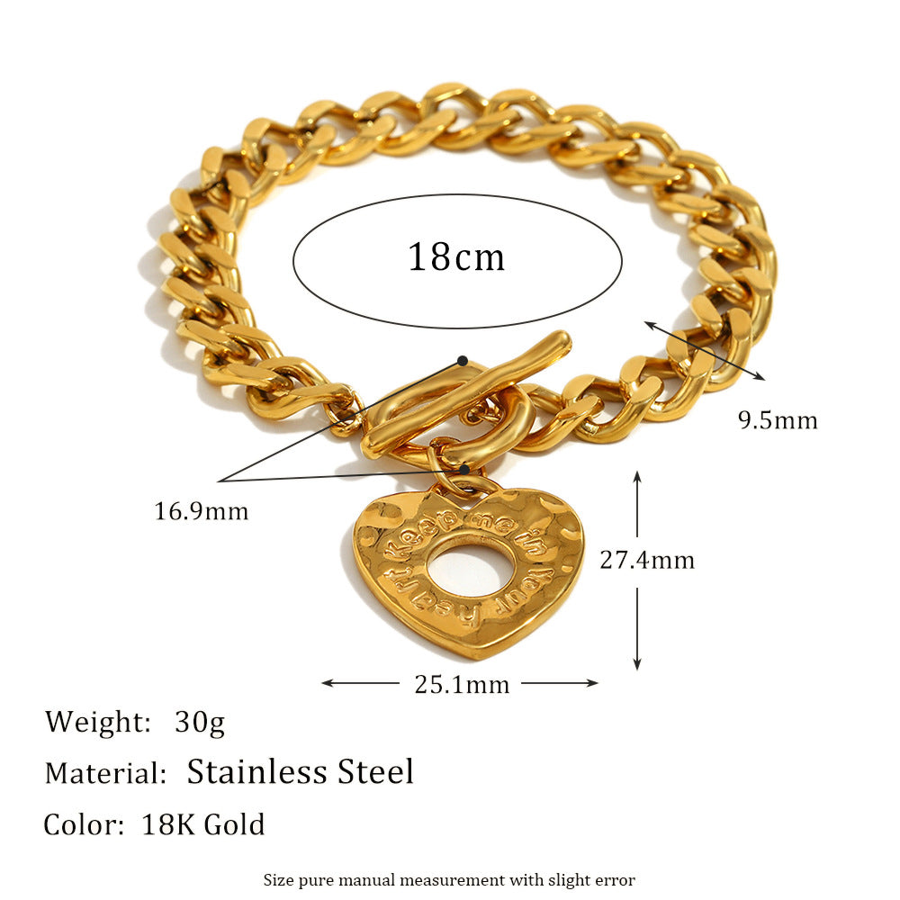 Minimalist Heart-Shaped Stainless Steel Plated 18K Gold Cuban Chain Bracelet for Women