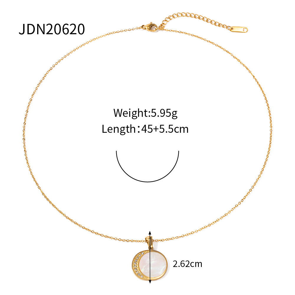 Trendy Geometric Sun and Moon Pendant Necklace with Shell and Zircon, 18K Gold Plated Stainless Steel Chain for Women