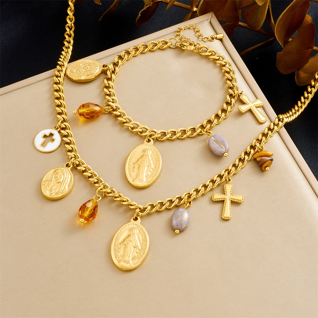 18K Gold Plated Oval Cross Relief Pendant Stainless Steel Serpentine Chain Jewelry Set for Women