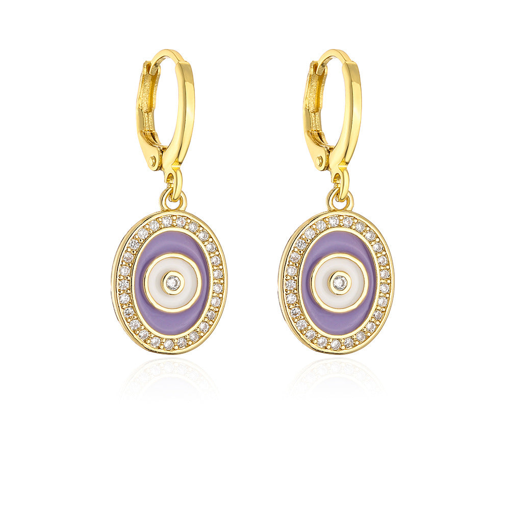 Fashionable Geometric Evil Eye Earrings for Women with Copper Base Plated in Real Gold and Zircon Inlay