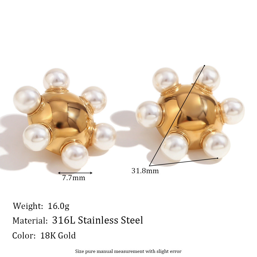 Vintage-Style Geometric Stainless Steel Earrings with 18K Gold Plated Outer Rim and Pearl-Finished Round Wheel Design for Women