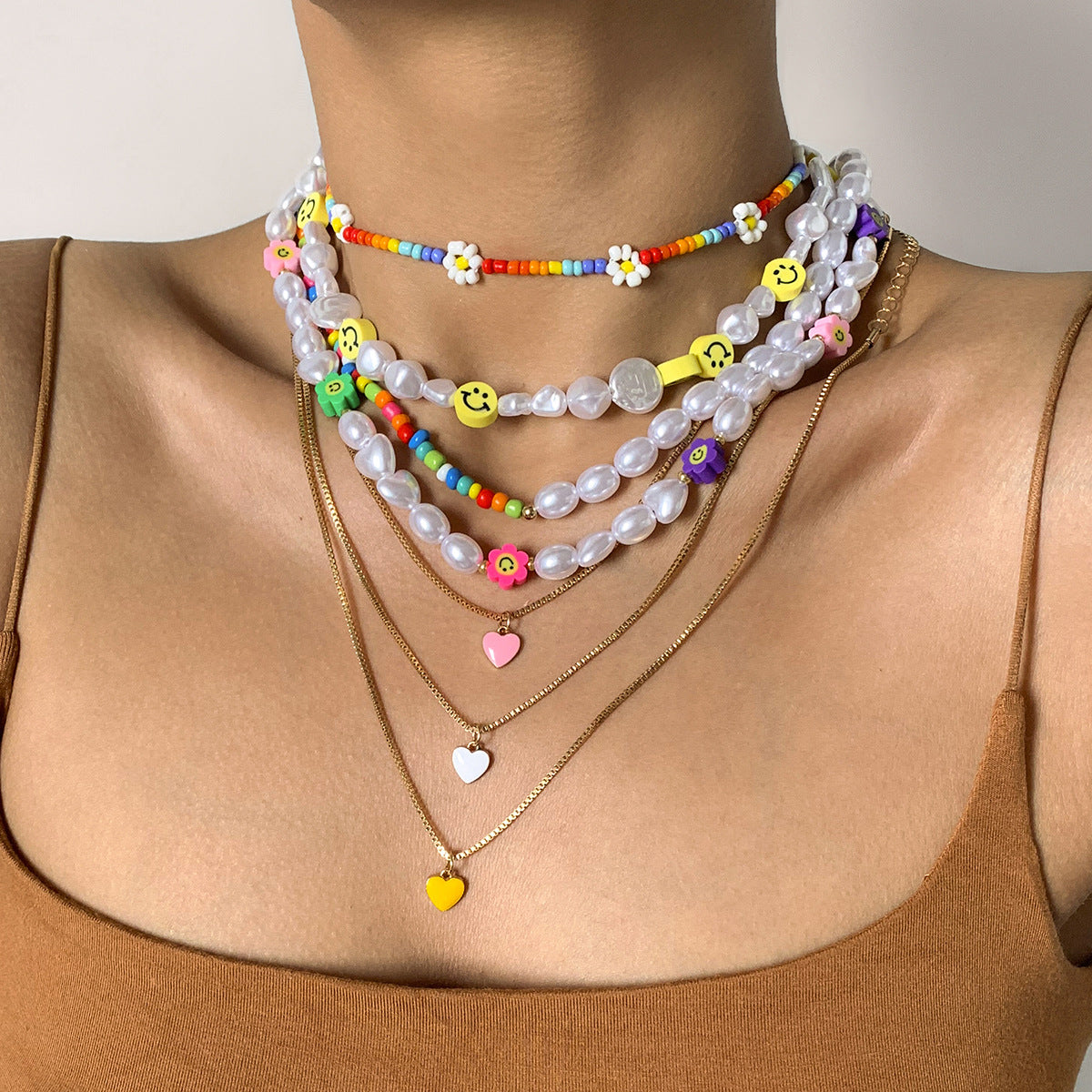 Minimalist Drip Oil Heart Pendant Floral Beaded Ball Chain Necklace for Women