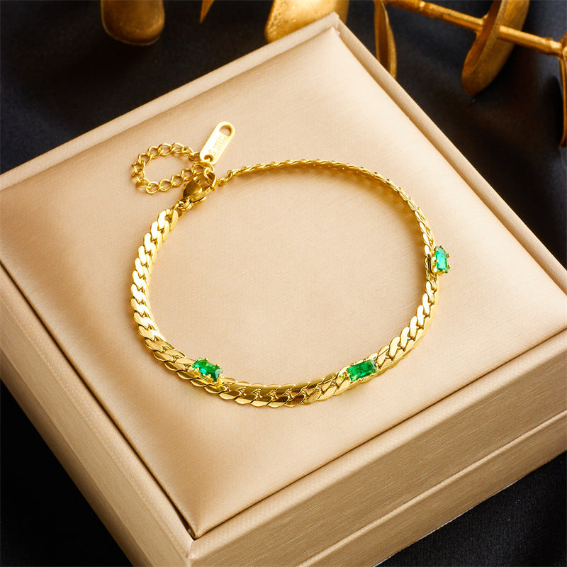 Minimalist Titanium Steel Bracelet with Rhinestone Inlay and Pearl Accents for Women
