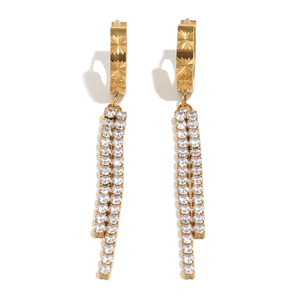 Orecchini a cerchio pendenti lunghi da donna, eleganti, geometrici, in acciaio inossidabile placcato oro con zirconi cubici