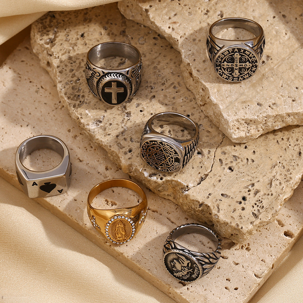 Anello da Uomo in Acciaio Inossidabile Stile Hip Hop Geometria Placcato Oro 18K Nero Vintage a Croce