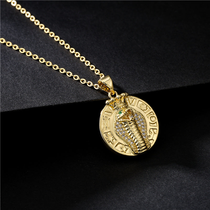 Vintage Punk Geometric Brass Micro-inlay Cobra King Pendant Necklace with Box Chain