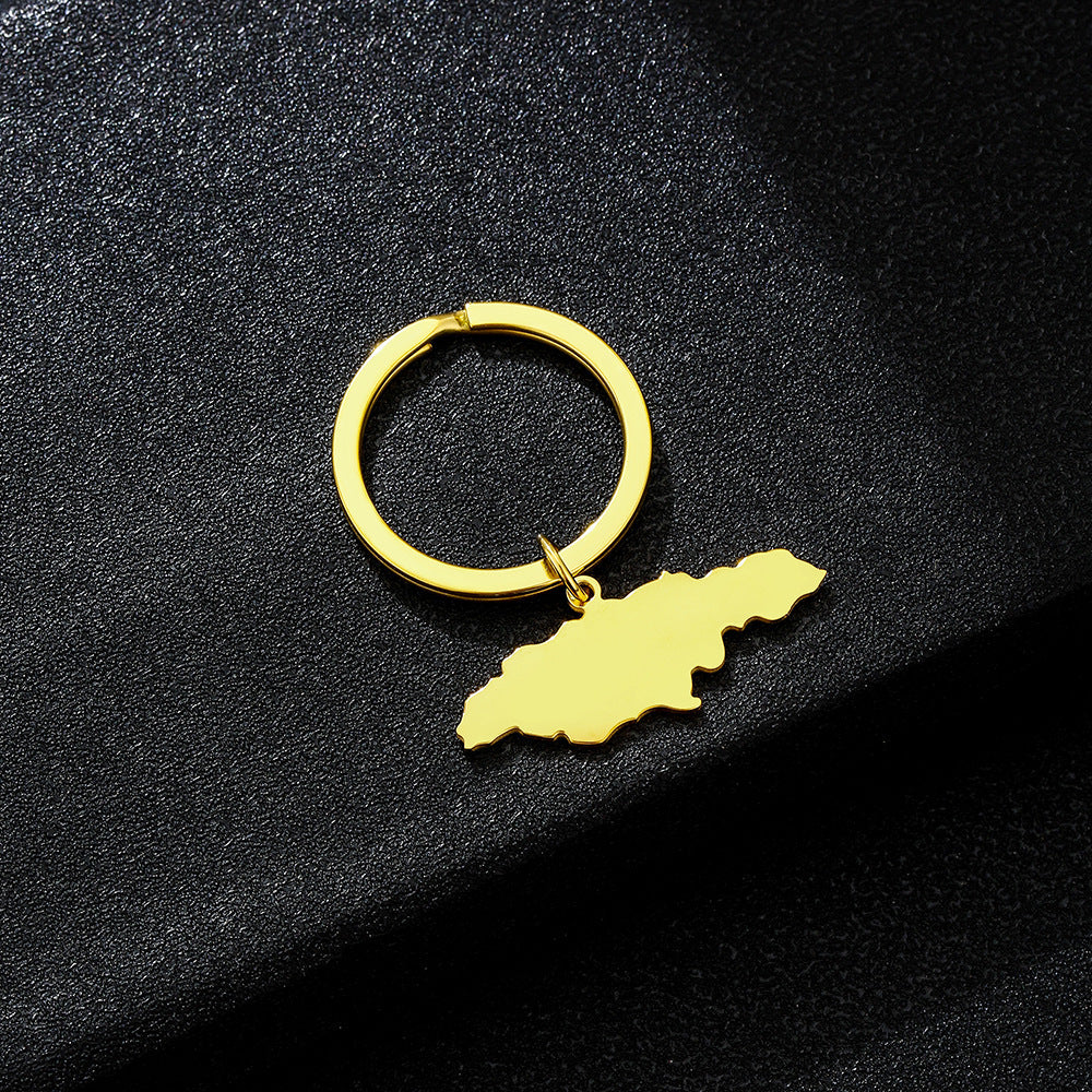 Llavero con colgante de mapa de Jamaica y ciudad estilo étnico en acero de titanio para hombres y mujeres