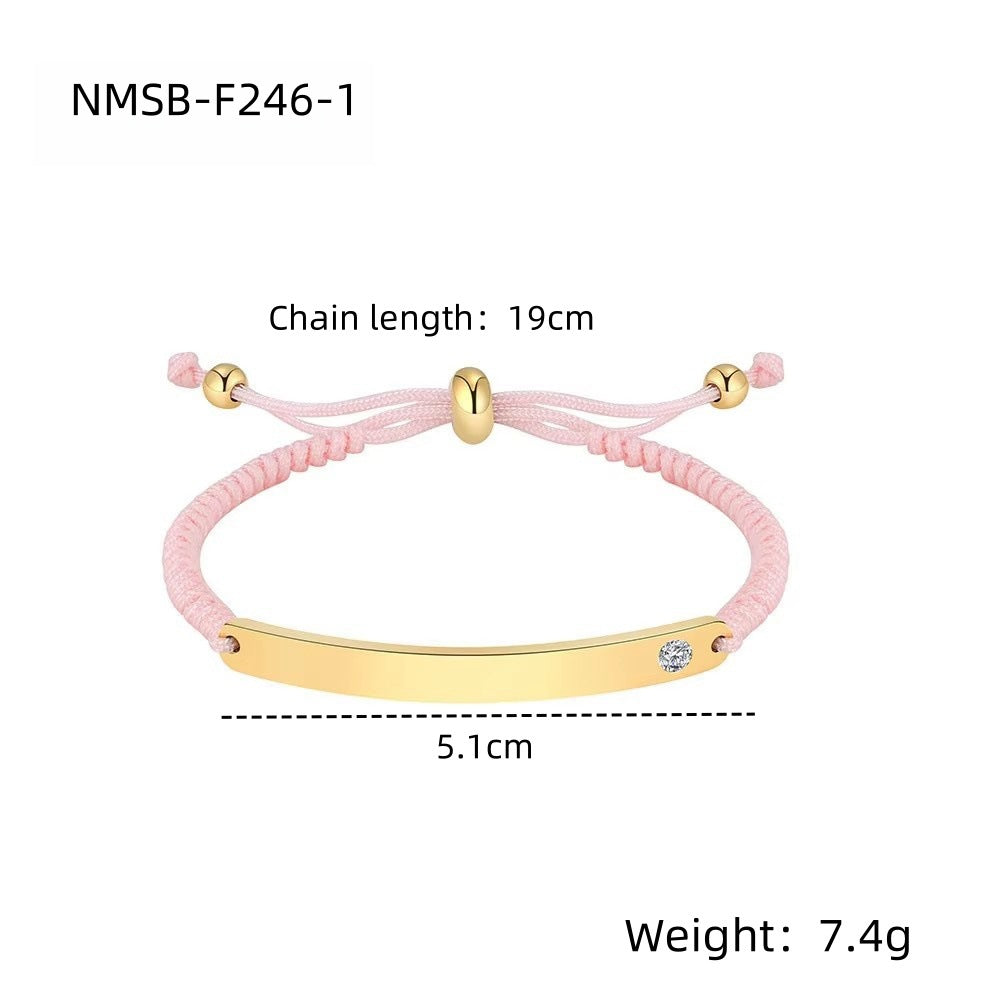 Elegant 18K Gold Plated Geometric Round Rhinestone Inlaid Stainless Steel Titanium Steel Charm Bar Bracelet DIY Engraving Handmade Woven