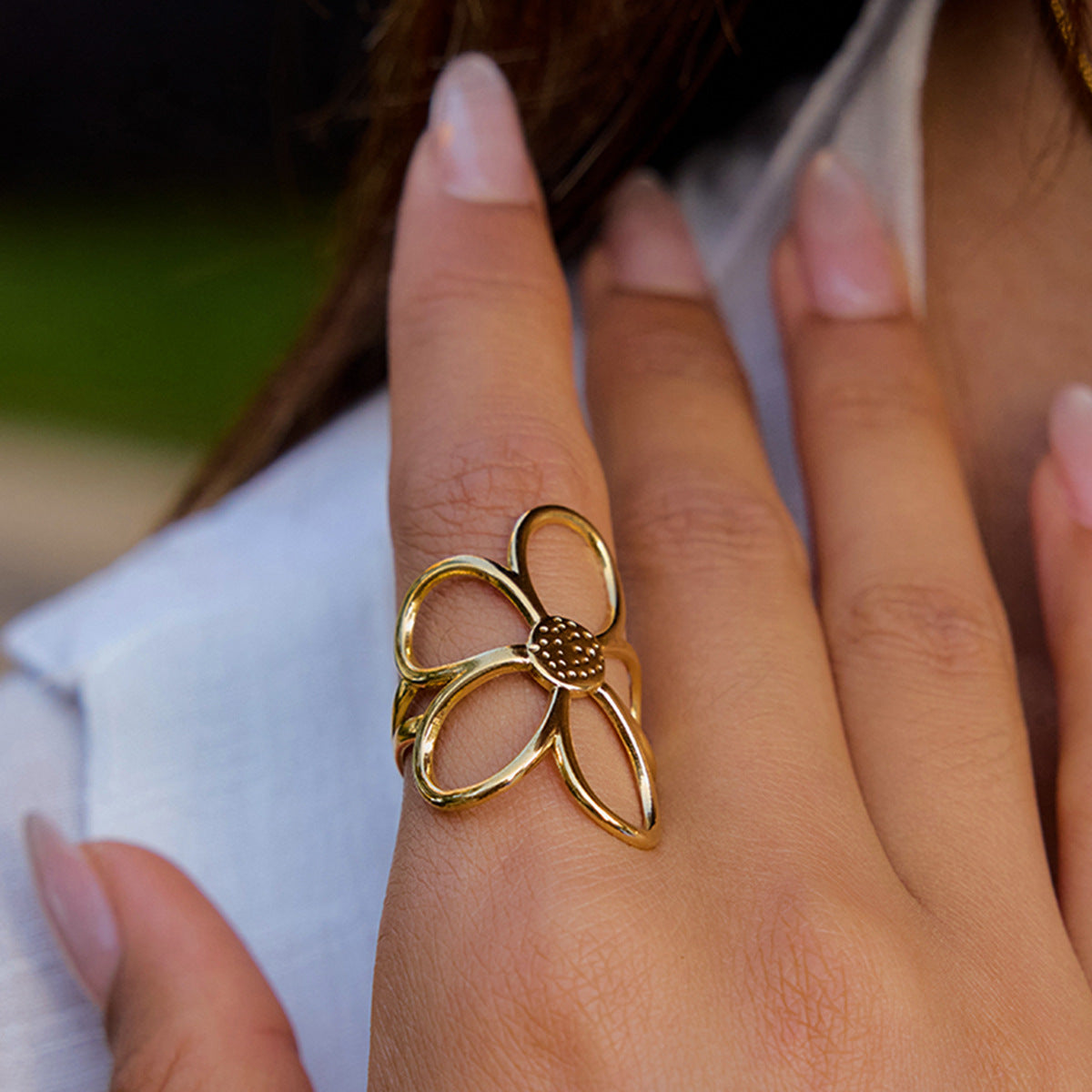 Elegant Geometric Floral Titanium Steel Ring with Pearl Inlay Plated Finish for Women