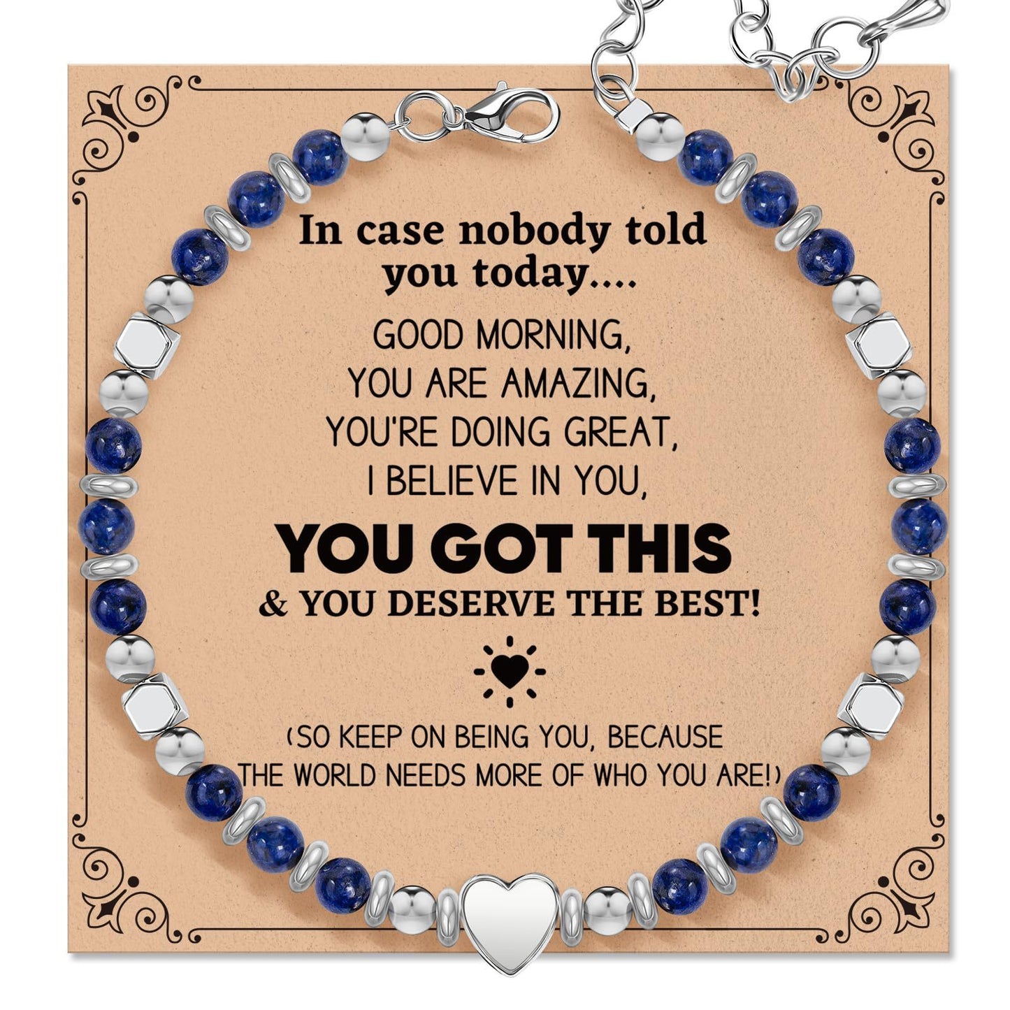 Natural Stone Lapis Lazuli Heart Charm Bar Stainless Steel Adjustable Bracelet Unisex Gift