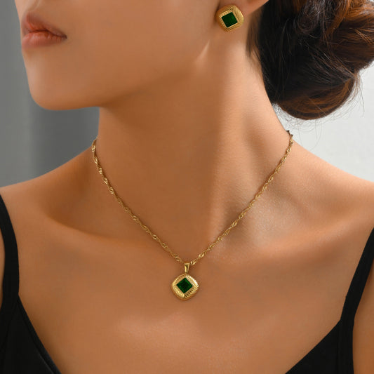 Elegante conjunto de collar y pendientes geométricos de cristal con circonitas para mujer, colgante de aleación con incrustaciones de cristal