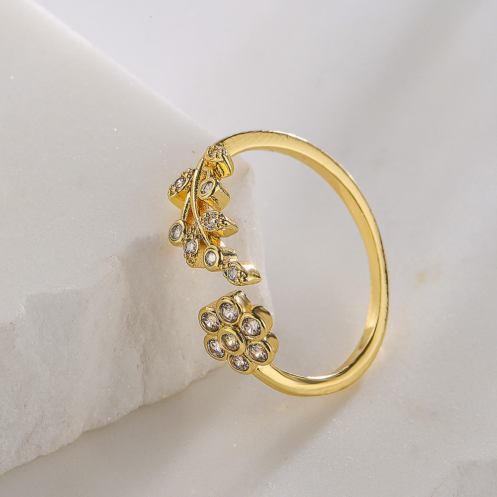 Minimalist Geometric Open Ring for Women in Brass with 18K Gold Plating and Zircon Inlay