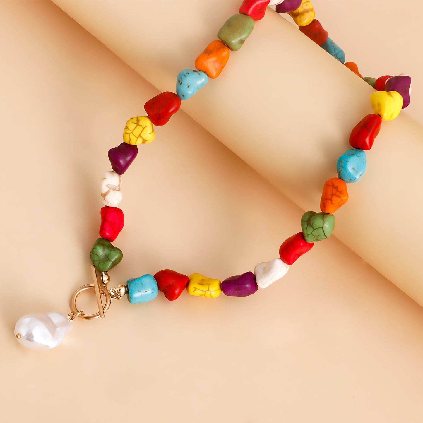 Natural Style Irregular Turquoise and Pearl Pendant Necklace for Women with Geometric Shape Alloy Chain and Electroplated Finish