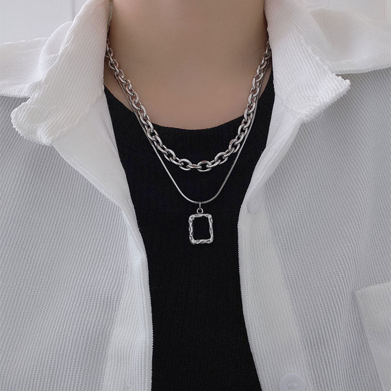 Collar Minimalista de Doble Capa con Cadena de Serpiente, Geométrico, de Acero de Titanio, Bañado, Unisex