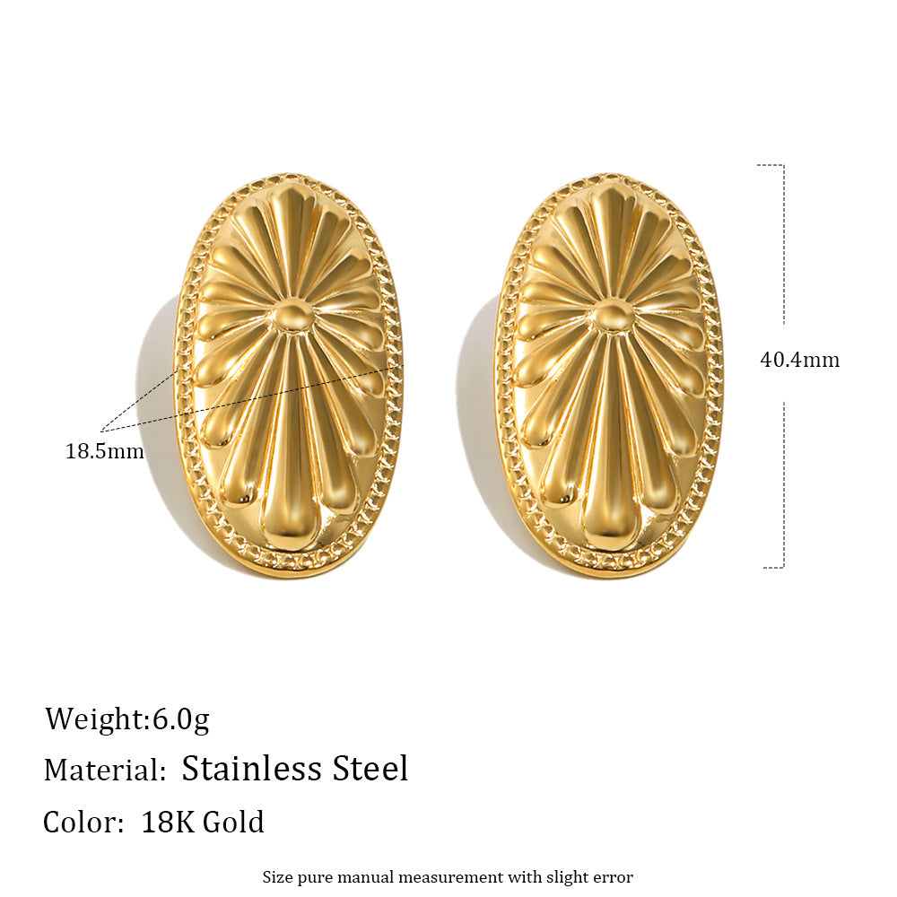 Minimalist Geometric Shield-Shaped Stainless Steel Earrings with 18K Gold Plating and Floral Radiance Detail