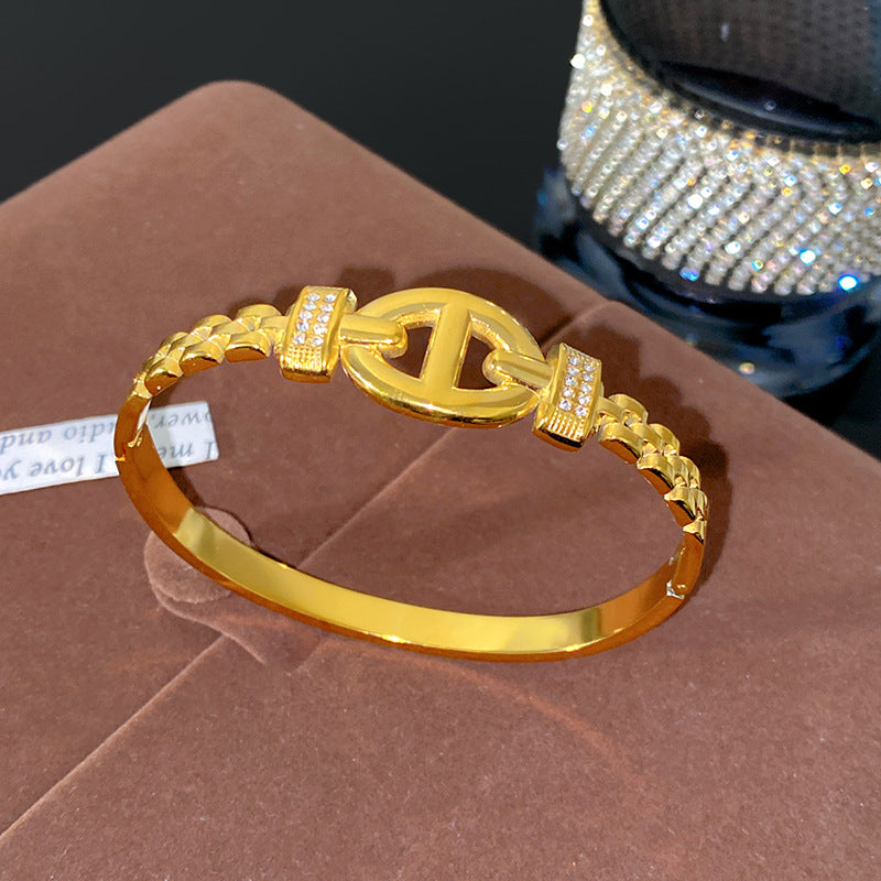 Minimalist Geometric Letter Titanium Steel Plated Rhinestone Bracelet for Women
