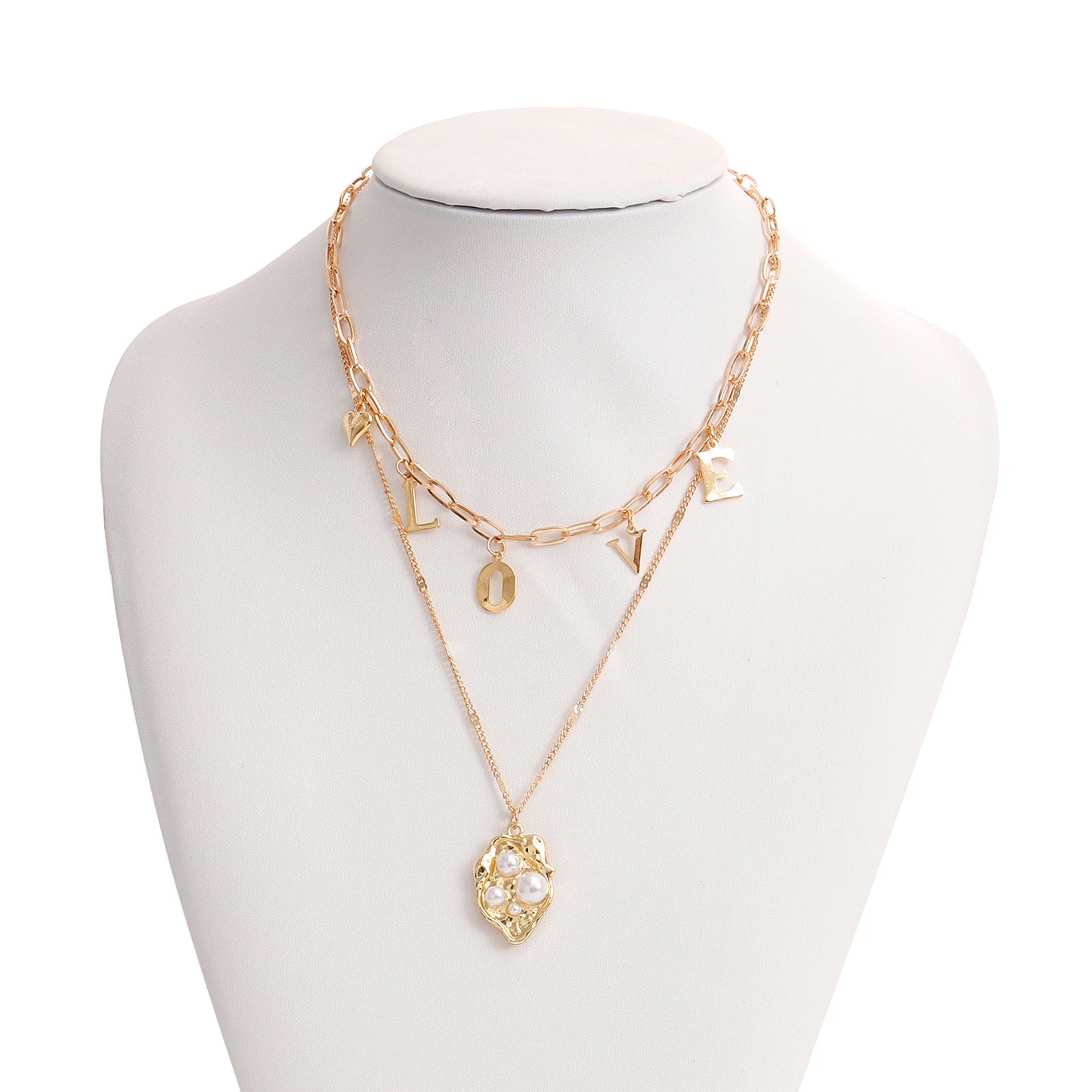 Minimalist and Bold LOVE Letter Layered Necklace with Pearl Pendant in Alloy with Plated Finish