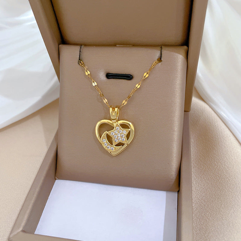 Sweet Elegant Heart Moon Star Geometric Rhinestone Plated Titanium Steel Necklace for Unisex