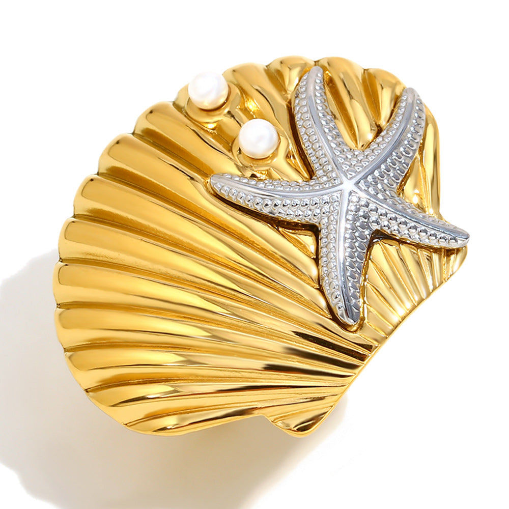 Minimalist Starfish and Scallop Shell Earrings in Stainless Steel with 18K Gold Plating for Women