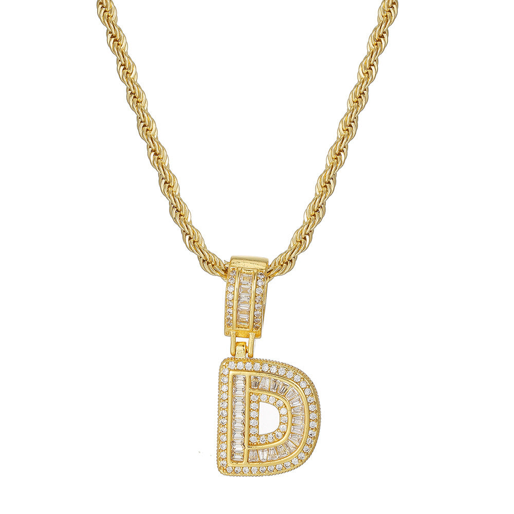 Personalized 18K Gold Plated Brass Cubic Zirconia Letter Pendant Necklace with Stainless Steel Rope Chain