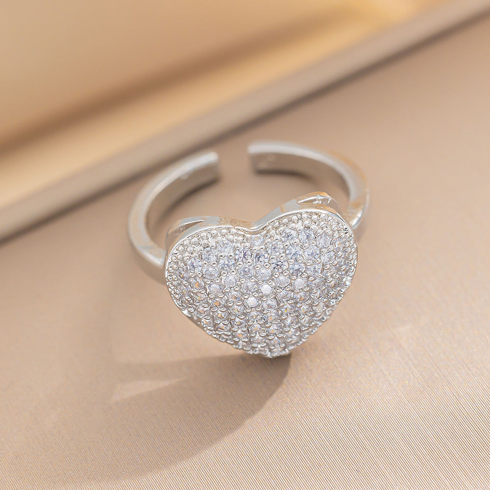 Luxury Minimalist Adjustable Open Ring for Women with Gold-Plated Copper Band and Zircon Stone Accent in Heart and Floral Shape