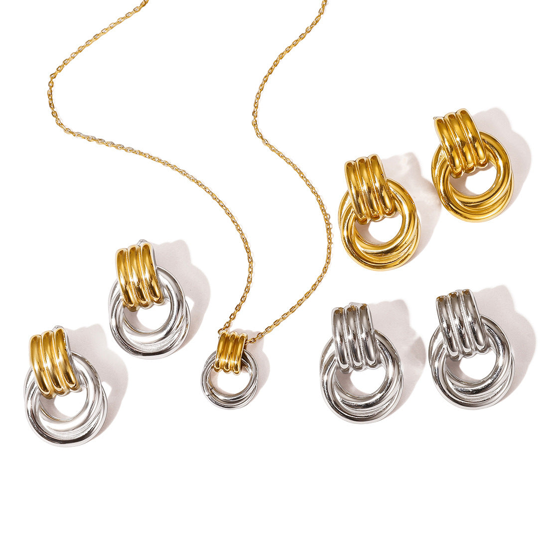 Conjunto de collar y pendientes minimalistas geométricos de acero de titanio con acabado chapado para mujer