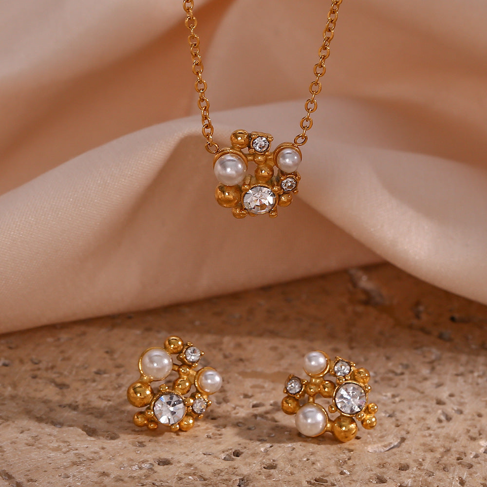 Minimalist Irregular Floral Pendant Necklace with Rhinestone and Pearl Accents on Stainless Steel Chain with 18K Gold Plating