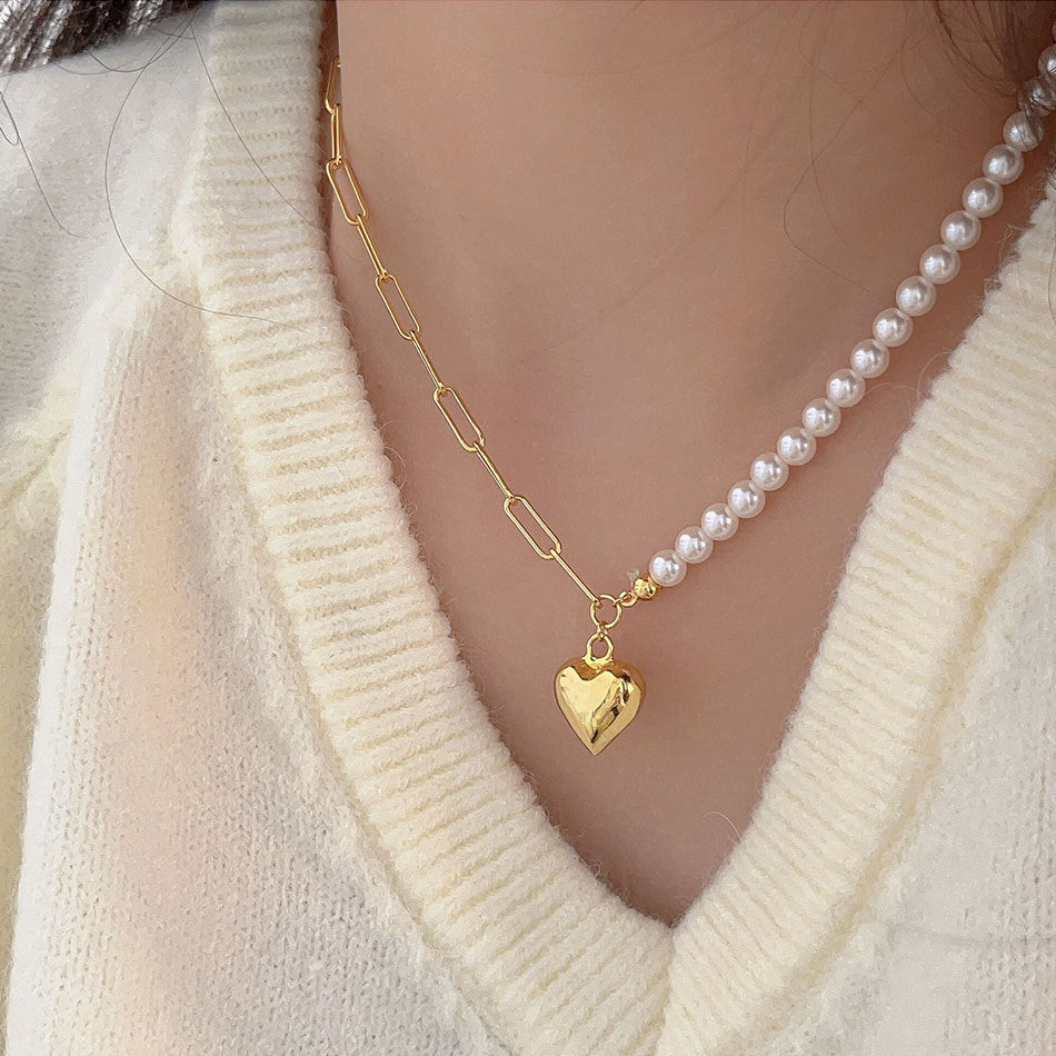 Sweet 925 Sterling Silver Heart Necklace with Crystal and Pearl Inlay for Women