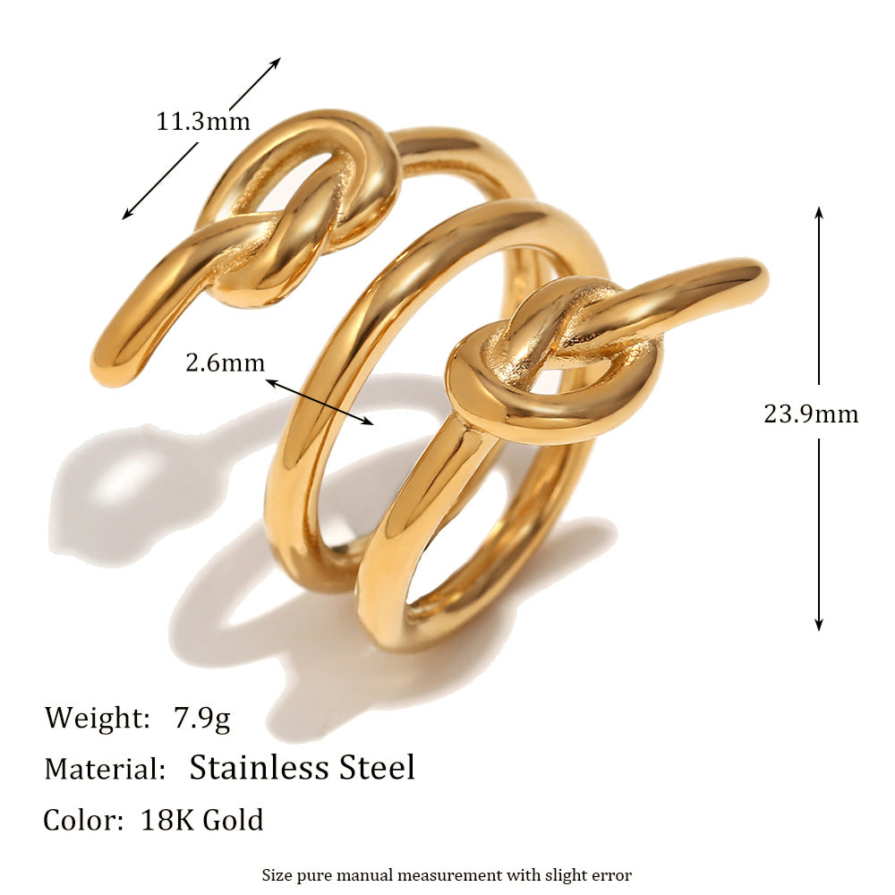 Anello creativo geometrico in acciaio inossidabile da donna, placcato oro 18 carati con design a triplo nodo