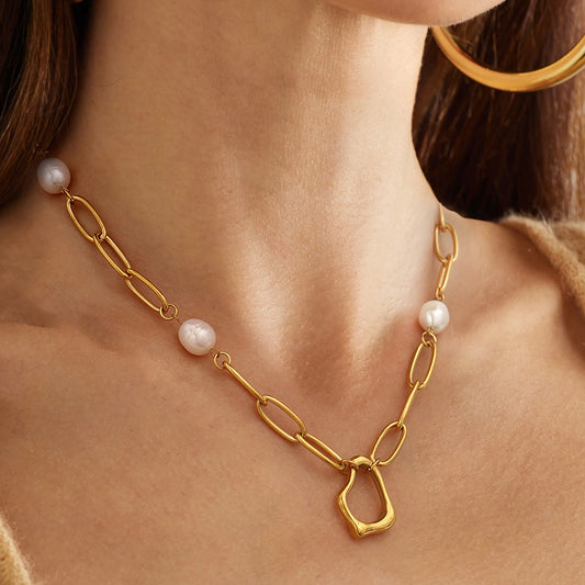 Collana da donna a onda con perle in acciaio inossidabile placcato oro 18 carati, alla moda