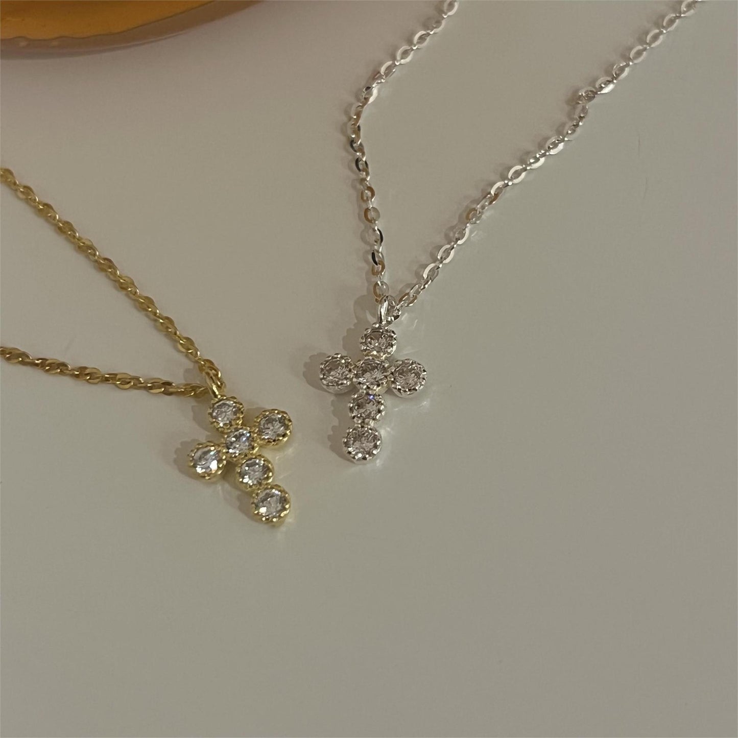 Minimalist Geometric Cross Pendant Necklace in 925 Sterling Silver with Rhinestone Inlay and Gold Plating on Snake Chain