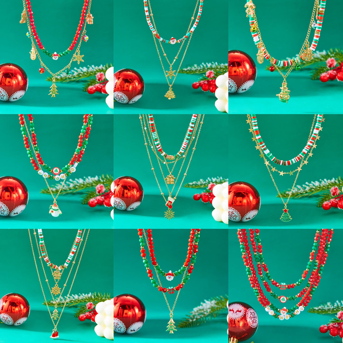 Collar de cuentas de arcilla polimérica con temática navideña con copo de nieve y colgante de Papá Noel de forma geométrica, gargantilla de cadena en O de aleación y electrochapada para mujer