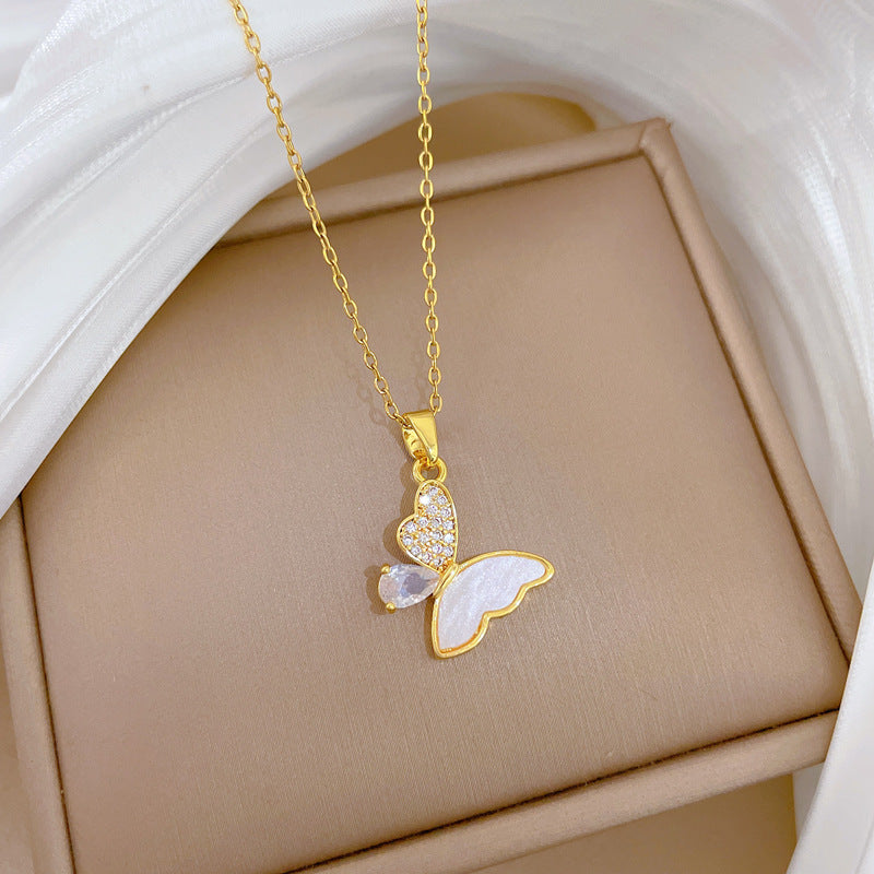 Sweet Elegant Butterfly Cubic Zirconia Plated Titanium Steel Necklace for Unisex