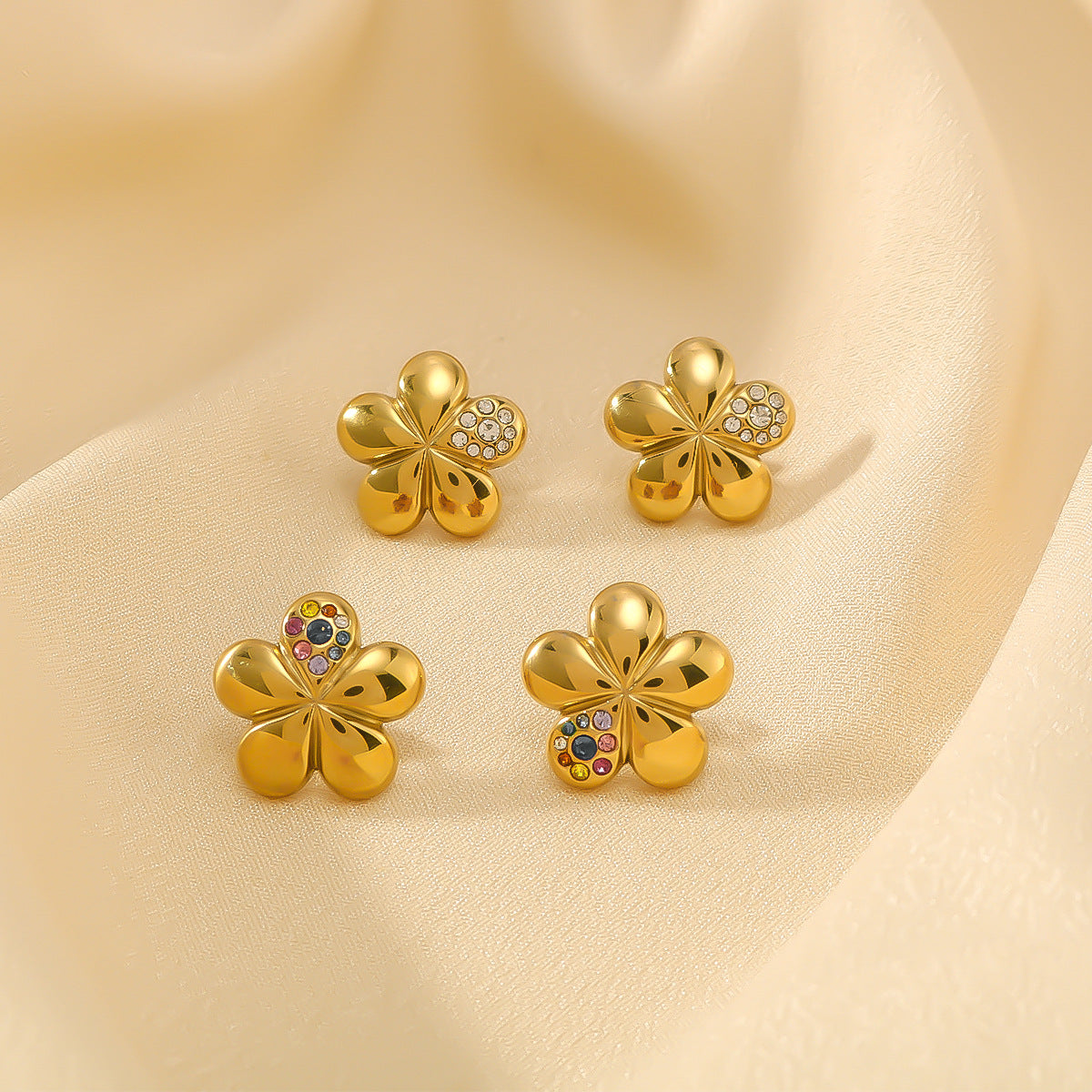 Floral Design Stainless Steel Earrings with Rhinestone Inlay Five-Petal Flower Shape for Women