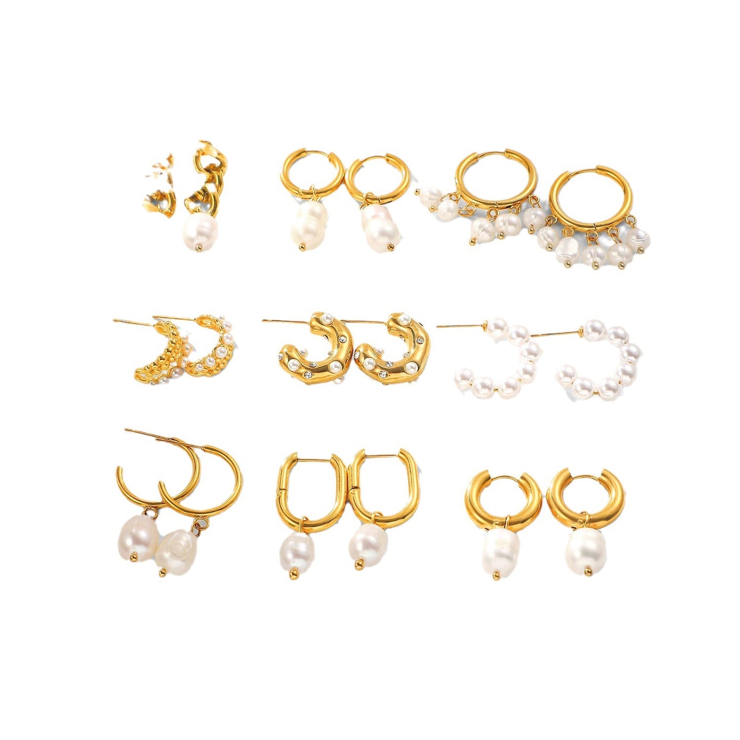 Fashionable Geometric 18K Gold Plated Stainless Steel Pearl Hoop Earrings for Women