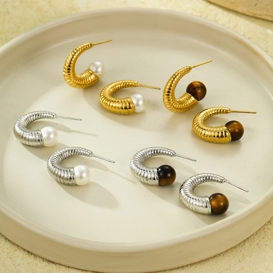 Vintage Style C-Shaped Titanium Steel Earrings with Pearl and Tiger Eye Natural Stone Inlay for Women