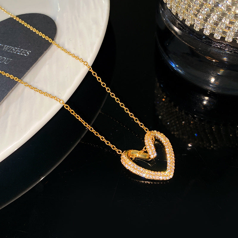 Sweet Minimalist Rhinestone Heart Plated Brass Pendant Titanium Steel Cable Chain Necklace